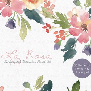 Op de afbeelding: Waterverf bloemen clipart set met roze, rode en groene bloemen en bladeren. De set bevat 36 elementen, 1 krans en 1 boeket. De tekst "La Rosa Handpainted Watercolor Floral Set" is in de afbeelding opgenomen.