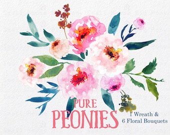 Watercolour Floral Clipart. Handmade, watercolour clipart, wedding diy elements, flowers - Pure Peonies