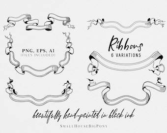 Ribbons png and vector file, hand-painted black ribbons clipart, antique hand-painted black ribbons Set of 6