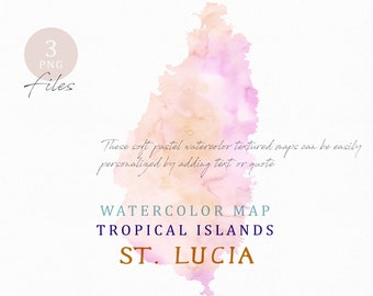 St. Lucia Map, Watercolor Map, Instant Download, Digital Map, Map Clipart, Wall Art, Color Map Clip Art, Custom Map, Watercolor Map