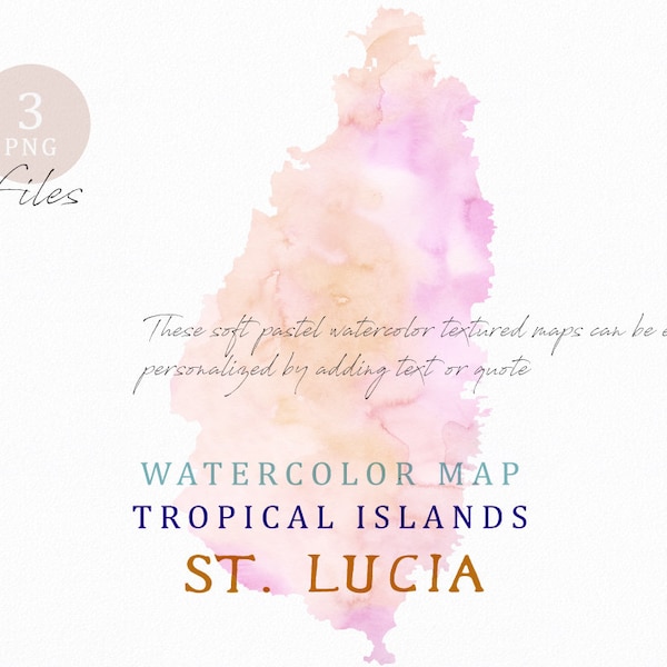 St. Lucia mapa, mapa de acuarela, descarga instantánea, mapa digital, mapa clipart, arte de pared, color mapa Clip Art, mapa personalizado, mapa de acuarela