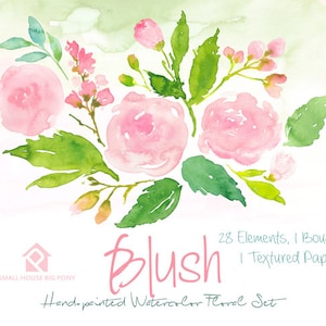 Digital Clipart- Watercolor Flower Clipart, Pink Roses Clip art, Floral Bouquet Clipart, wedding flowers clip art- Blush Elements