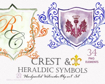 Digital Clipart- Crest Clipart,Shield Clip art, Clipart, wedding invitation clip art- 16 watercolor crest design