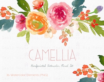 Watercolour Floral Clipart. Handmade, watercolour clipart, wedding diy elements, flowers - Camillia  Elements