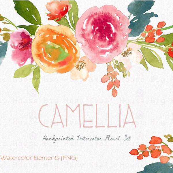 Watercolour Floral Clipart. Handmade, watercolour clipart, wedding diy elements, flowers - Camillia  Elements