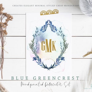 Blue Green Crest Clip Art. Green Laurel Crest and Leaves Clipart. Crest Frames and Borders for Wedding and Monograms- Blue Green Crest