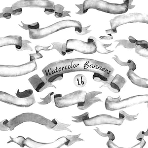 Commercial Use- Watercolor Banners, ribbons Clipart: 16 PNG Digital files. Black & White Banners. Hand painted, separate png, diy elements