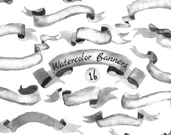 Commercial Use- Watercolor Banners, ribbons Clipart: 16 PNG Digital files. Black & White Banners. Hand painted, separate png, diy elements