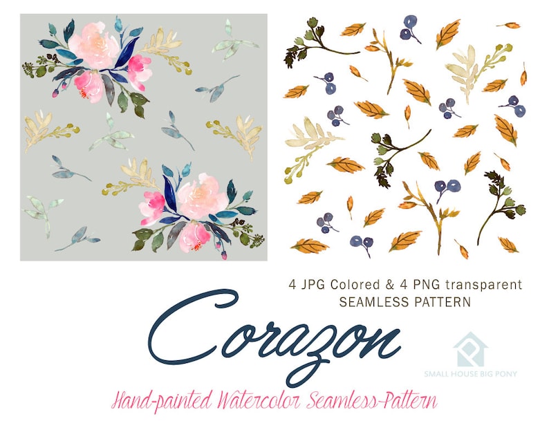 Hand Painted Graphics Watercolour Flower Clip Art Collection Corozon Seamless Floral Pattern