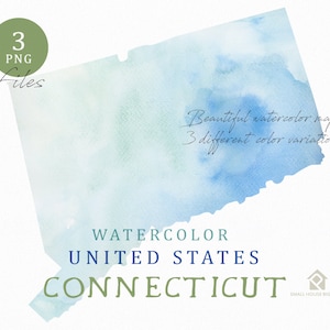 May include: Watercolor painting of the state of Connecticut in blue and green hues. The text "WATERCOLOR UNITED STATES CONNECTICUT" is below the map. The text "Beautiful watercolor maps in 3 different color variations" is above the map. The text "3 PNG Files" is in a circle in the upper left corner of the image.