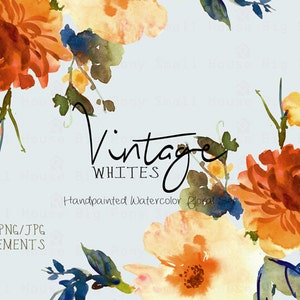 Digital Clipart- Watercolor Flower Clipart, Vintage Clip art, Floral Bouquet Clipart, wedding flowers clip art- Vintage White Elements