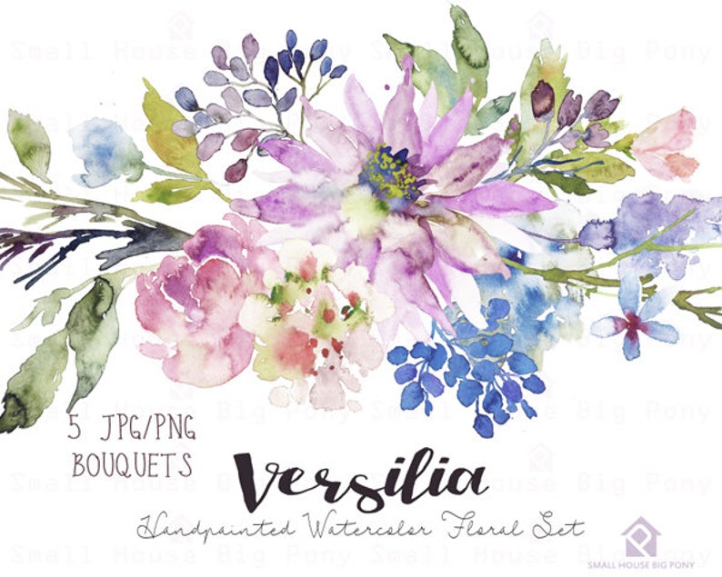 Watercolour Flower Clip Art Collection Hand Painted Graphics, purple flower, hand drawn clip art, flower clip art Versilia image 1