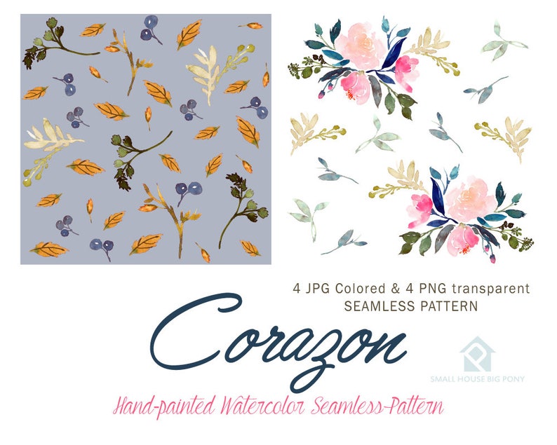 Hand Painted Graphics Watercolour Flower Clip Art Collection Corozon Seamless Floral Pattern