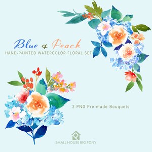 Watercolour Flower Clip Art Collection - Hand Painted Graphics, flowers, hand drawn clip art,  flower clip art - Blue & Peach (Elements)