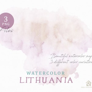 May include: Watercolor map of Lithuania in soft pastel colors. The image includes the text "3 PNG Files" in a circle and "Beautiful watercolor maps in 3 different color variations". The word "WATERCOLOR" and "LITHUANIA" are also included.