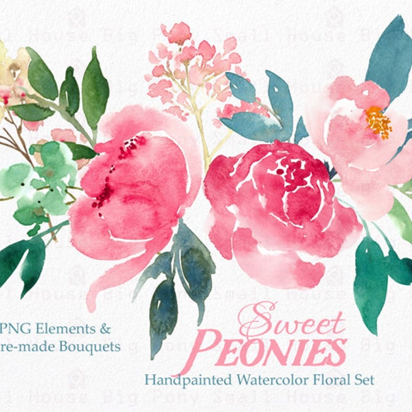 Digital Clipart- Watercolor Flower Clipart, peonies Clip art, Floral Bouquet Clipart, wedding flowers clip art- Sweet Peonies
