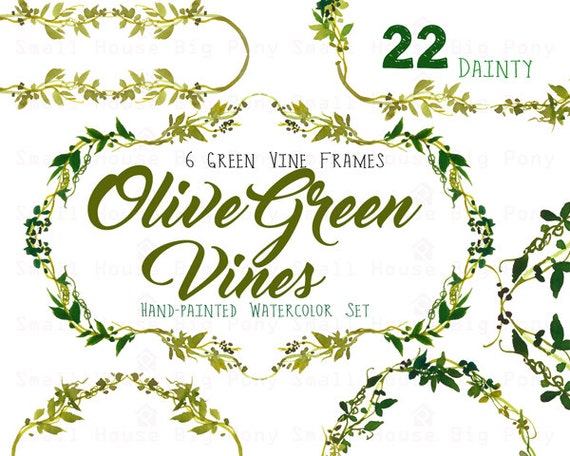 Digital Green Vines Clip Art. Green Laurel Wreath and Leaves Clipart. Vine  Frames and Borders for Wedding Dainty Olive Green Vines 