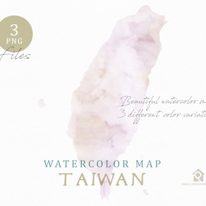 May include: A watercolor map of Taiwan in shades of lavender and beige. The image includes the text "Beautiful watercolor maps in 3 different color variations" and "WATERCOLOR MAP TAIWAN". The image also includes the text "3 PNG files".