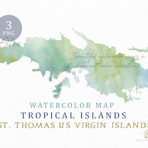 Mapa das Ilhas Virgens Americanas de St. Thomas, mapa em aquarela, download instantâneo, mapa digital, clipart de mapa, arte de parede, mapa de cores personalizado, mapa em aquarela