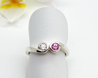 Pink Sapphire & Diamond Wave Ring Rub-over set in Silver - Handmade Doug Hughes Design