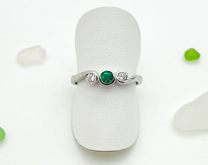 Emerald & Diamond Swirl Ring Rub-over set in Silver - Handmade Doug Hughes Design