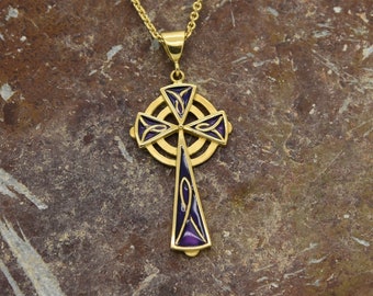 18ct Gold Cornish Celtic Cross (with purple enamel inlay), Handmade By Douglas Hughes