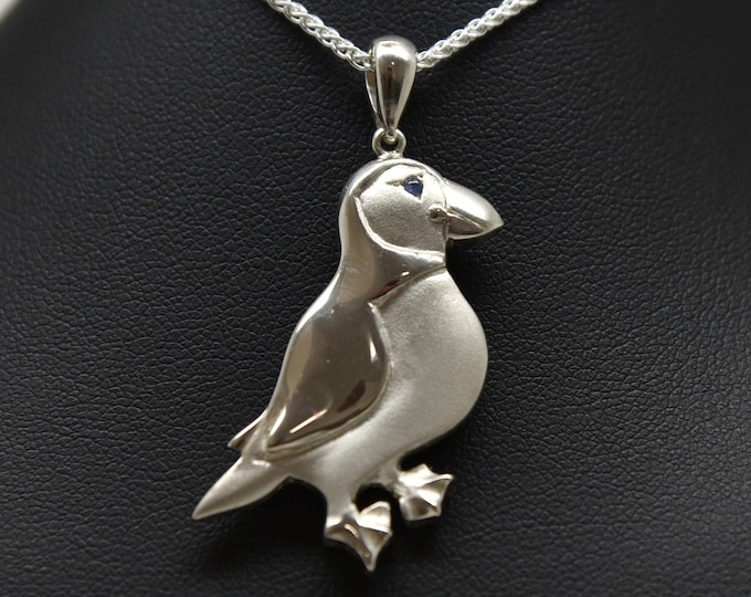 Silver Puffin Pendant with Sapphire Eye (includes free chain) -  Handmade Douglas Hughes Design