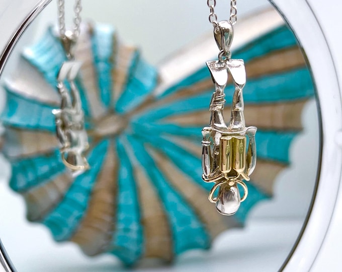 Handmade Silver and 9ct Gold Scuba Diver Pendant, 3D Diver Necklace, Unisex Marine Jewellery, Gift for Deep Sea Divers & Ocean Enthusiasts