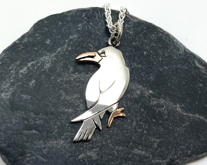 Cornish Chough Pendant, Chough Necklace For Woman, Corvid Necklace Gold and Silver, Sterling Corvid Pendant Silver, Bird Necklace for Men