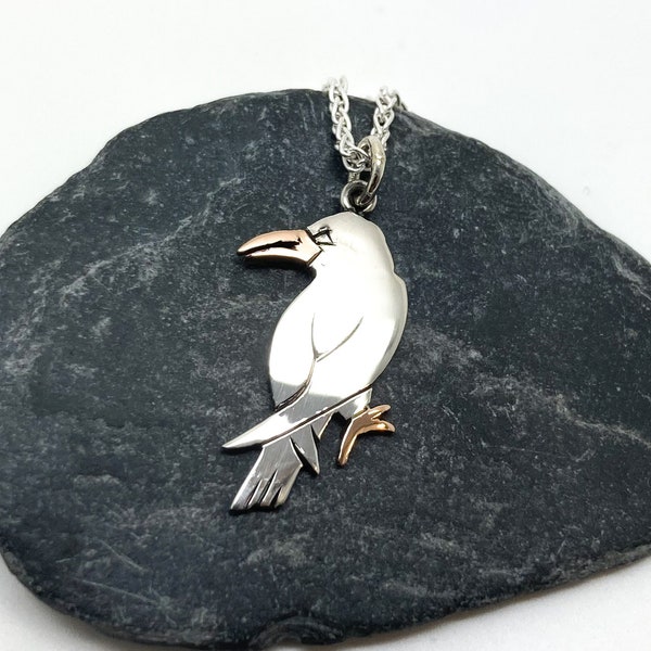 Cornish Chough Pendant, Chough Necklace For Woman, Corvid Necklace Gold and Silver, Sterling Corvid Pendant Silver, Bird Necklace for Men