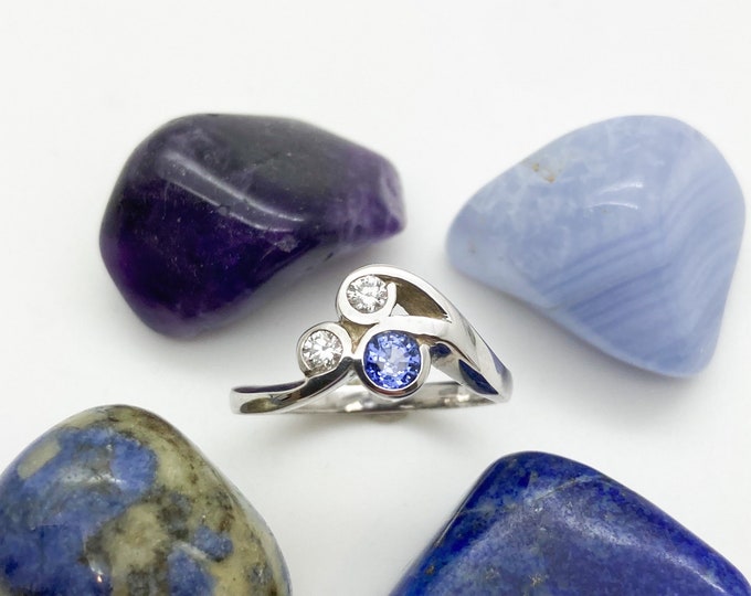 Blue Sapphire & Diamond Silver Ring - Handmade Douglas Hughes Design