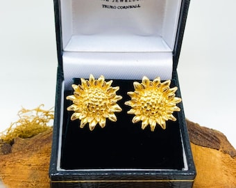 Handmade Solid 9ct Gold Sunflower Earrings, Yellow Gold Sunflower Studs, Sunflower Gold Earring Studs, Gold Flower Earring Studs