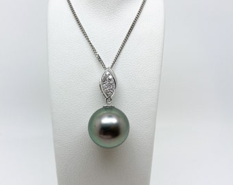 Pearl and Diamond Necklace, White Gold Tahitian Pearl Pendant, Diamond Pearl Necklace For Women, White Gold Diamond and Pearl