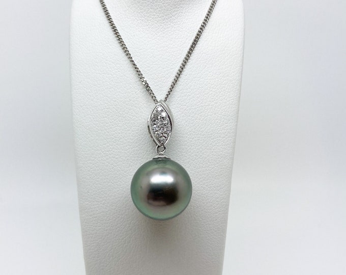 Tahitian Pearl and Diamond Necklace, White Gold Tahitian Pearl Pendant, Diamond Pearl Necklace For Women, White Gold Diamond and Pearl