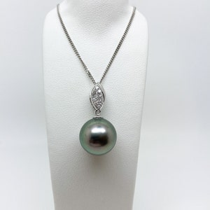 Tahitian Pearl and Diamond Necklace, White Gold Tahitian Pearl Pendant, Diamond Pearl Necklace For Women, White Gold Diamond and Pearl