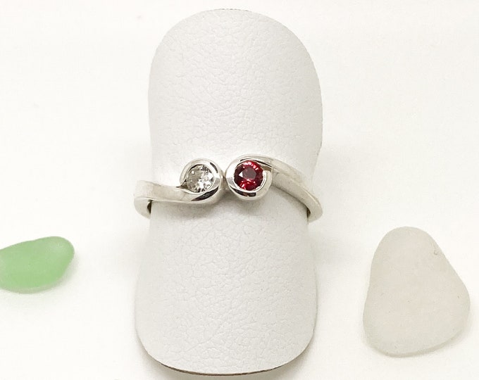 Silver Diamond and Sapphire Ring, Red Sapphire Engagement Ring, Rubover Diamond, Two Stone Twist Ring, Diamond and Sapphire Wave Ring