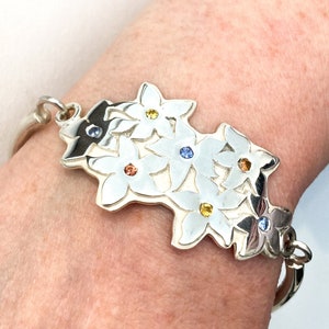 Flower Bangle Bracelet For Women, Silver Bangle With Coloured Sapphires, Sapphire Flower Bangle, Handmade Silver Bangle With Flowers