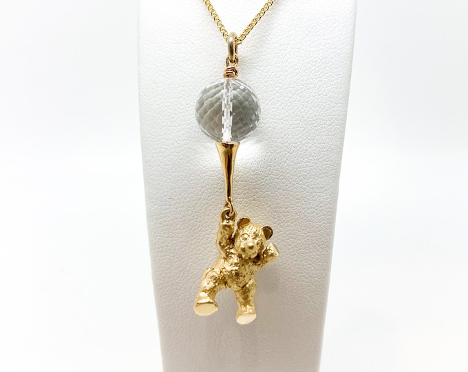 Teddy Bear Pendant Gold For Women, 9ct Gold Bear and Balloon Necklace, Crystal Balloon Holding Teddy Bear Necklace, Animal Necklace