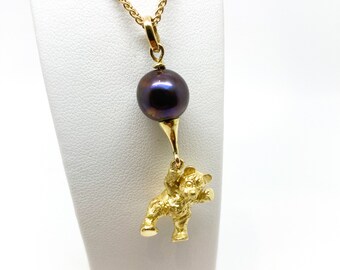 Gold Teddy Bear Pendant Necklaces For Women, Gold Bear Necklace With Pearl Balloon, Tahitian Pearl Necklace Bear 18ct Gold