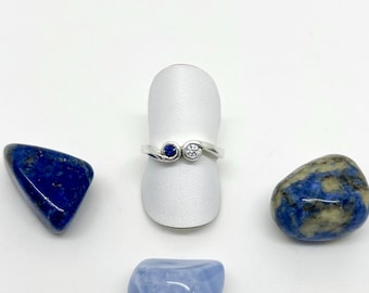 Sapphire & Diamond Silver Ring, Two Stone Engagement Ring, Women's Jewellery, Gift for Her.
