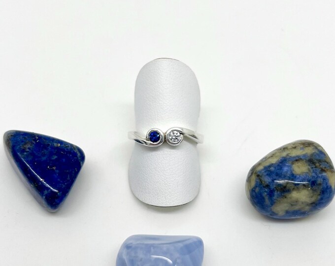 Sapphire & Diamond Silver Ring, Two Stone Engagement Ring, Women's Jewellery, Gift for Her.