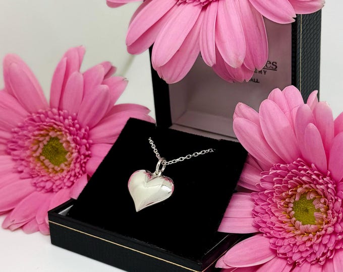 Large Sterling Silver Heart Pendant, Puffed Heart Necklace, Valentine's Jewellery Gift for Her.