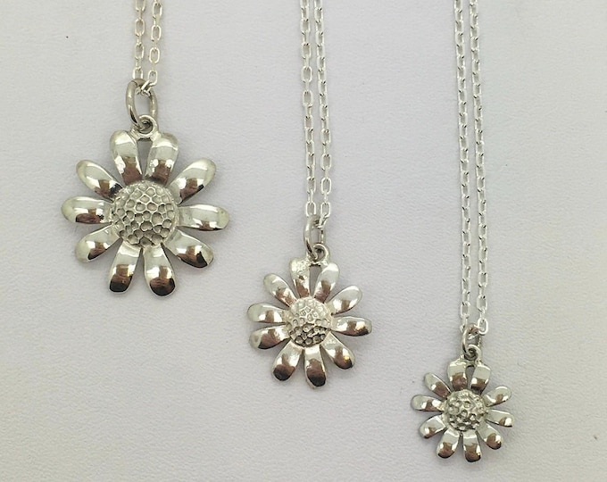 Sterling Silver Daisy Pendants (S/M/L), Flower Necklace, Boho Jewellery Gift for Women.