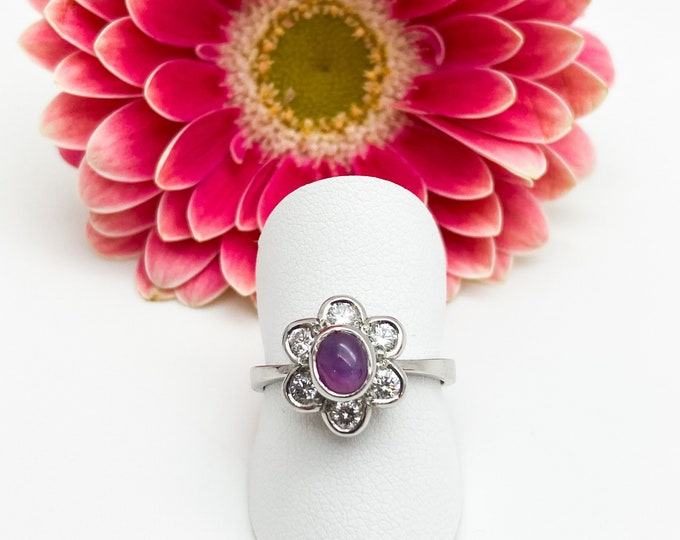 Stunning Pink Star Sapphire Ring, 0.72 Carat Spread of Round Brilliant Diamonds - Handmade Douglas Hughes Design