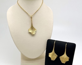 Handmade 18ct Gold Ginkgo Leaf Pendant & Drop Earrings, Real Leaf Jewellery, Botanical Jewellery, Nature-Inspired Jewellery, Gift For Her