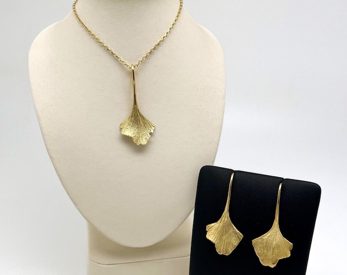 Handmade 18ct Gold Ginkgo Leaf Pendant & Drop Earrings, Real Leaf Jewellery, Botanical Jewellery, Nature-Inspired Jewellery, Gift For Her