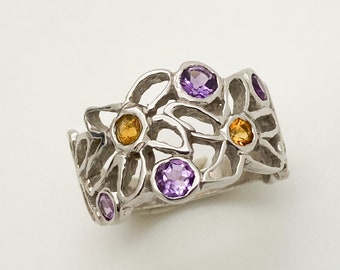 Amethyst and Citrine Silver Flower Ring - Handmade Douglas Hughes Design
