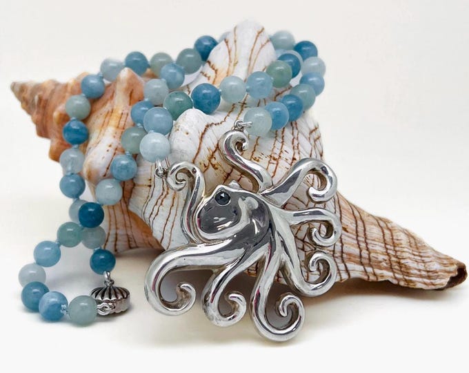 Silver Octopus Pendant, Black Diamond Necklace, Aquamarine Beads, Ocean Themed Jewellery Gift for Women.