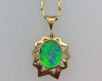 Opal Pendant - 18ct Yellow Gold - Douglas Hughes Star Burst Design set with a Vivid Peacock Blue/Green Australian Opal Doublet