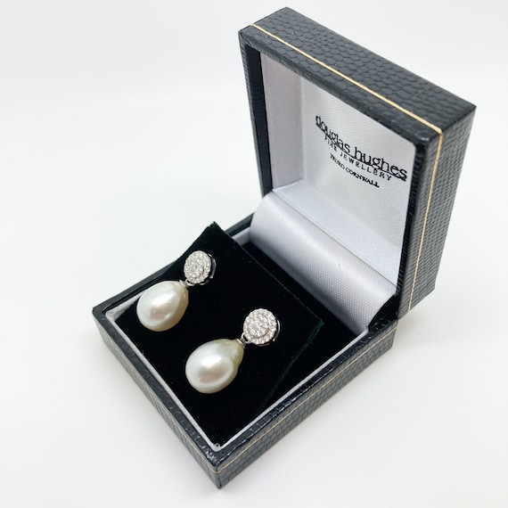 South Sea Pearl Drop Earrings: 18ct White Gold and Diamond Studs